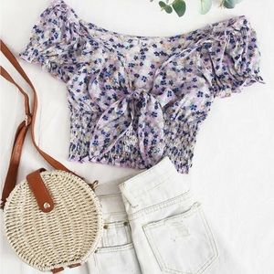 Tie front shirred waist Ditsy Floral top